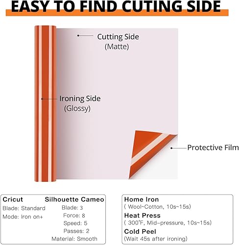 Miniatura 156 de Rollo de vinilo termotransferible, 12 in x 8 ft por rollo, para diseños en camisetas, fácil de cortar y despegar, para planchar y máquinas Cricut