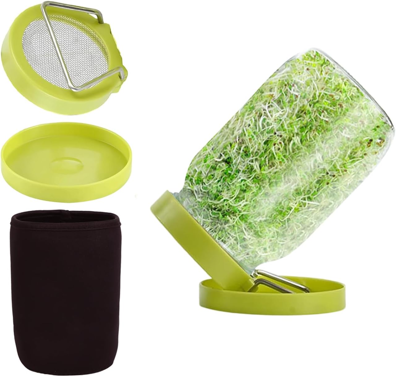 Sprouting Jar Sprouting Kit Sprouts Growing Kit with Mason Jar, Stainless Sprout Lids, Blackout Sleeves, Drain Tray Seed Sprouter Set for Bean, Broccoli, Alfalfa