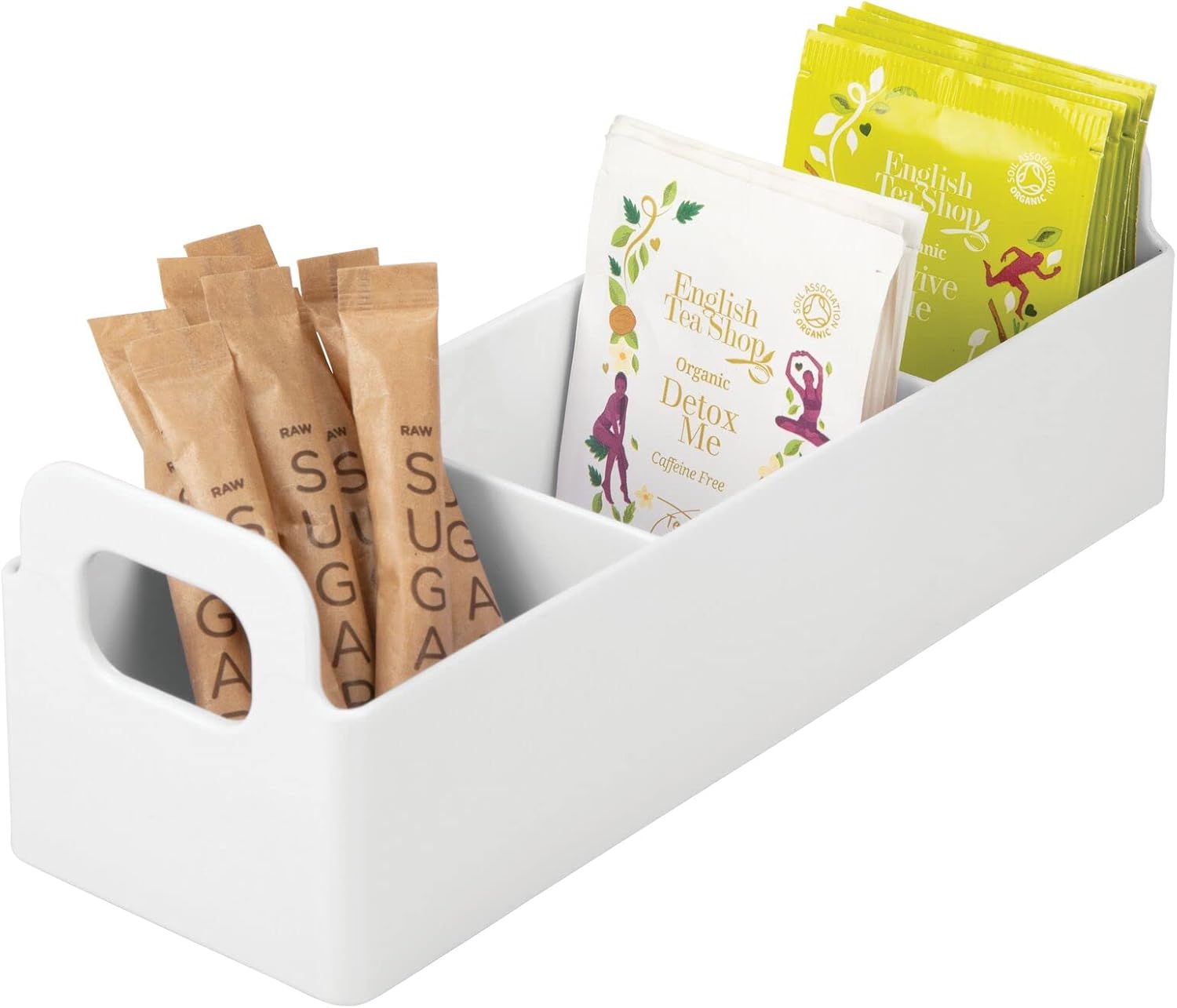 mDesign Plastic Condiment Organizer and Tea Bag Holder - 9" Long Kitchen Pantry/Countertop Storage Caddy - Divided Chip, Snack, Granola, Oatmeal Packet Holder - Lumiere Collection - White