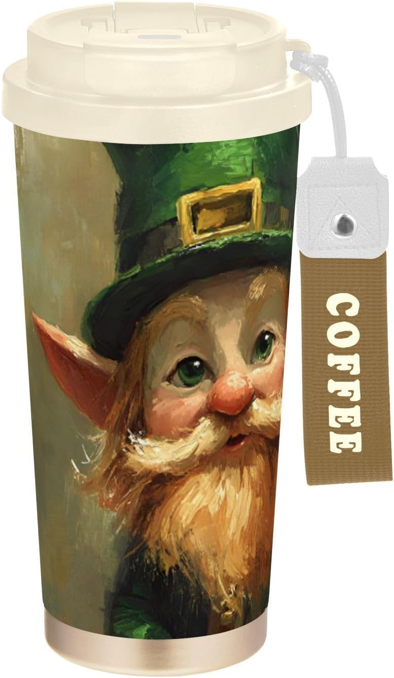 Gnome Stpatricks Day Insulated Coffee Mug with Straw & Flip Lid, 16.9oz Iced Tumbler Cup, Double Wall Vacuum Mug for Travel Office