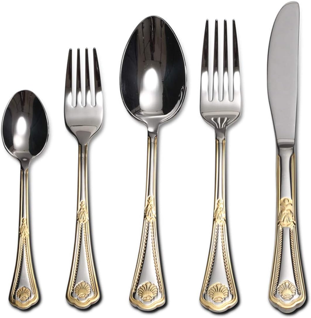 Venezia Collection 'Seashell' 40-Pcs. Fine Flatware Set, Silverware Cutlery Dining Service for 8, Premium 18/10 Surgical Stainless Steel, 24K Gold-Plated Trim