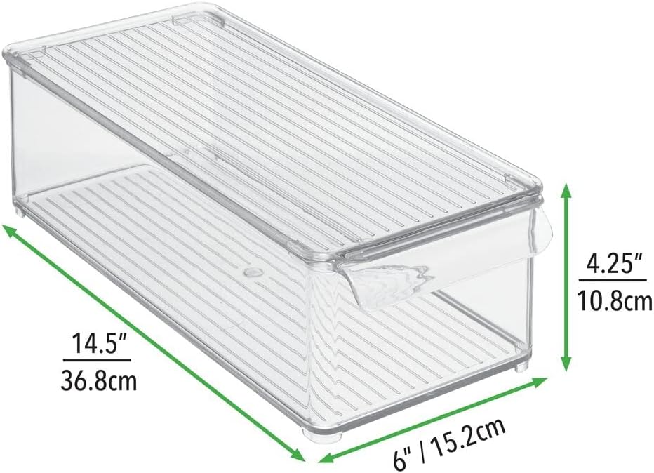 mDesign Slim Plastic Food Storage Container Bin with Lid and Front Handle for Kitchen, Pantry, Cabinet, Fridge and Freezer - Organizer for Snacks, Produce, Vegetables, Pasta, Drinks - Clear