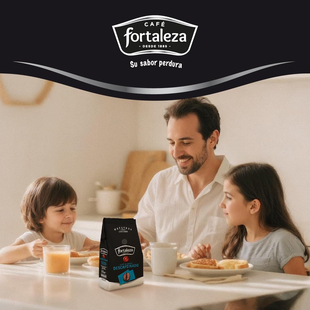 CAFÉ FORTALEZA Café en Grano Natural Descafeinado Pack 6x500g (3Kg) Compatible con Cafeteras Espresso y Superautomáticas - Café Grano Descafeinado Suave Con Variedad Arábica y Robusta