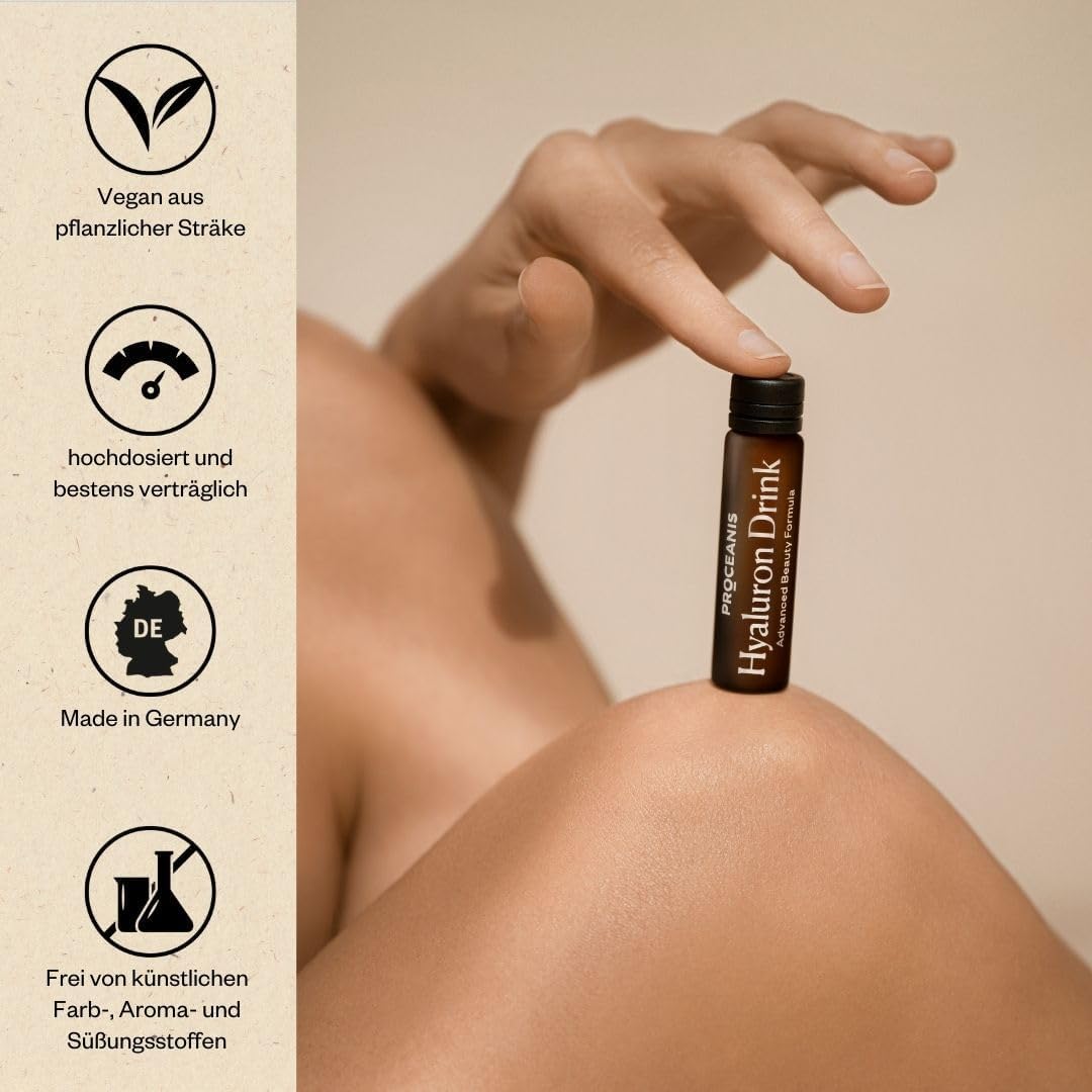 Hyaluron Ampullen zum Trinken (Hyaluronsäure hochdosiert) - Hyaluron Drink für natürlich schöne Haut, Haare, Nägel - 100% Vegan (10 Tage Trinkkur)