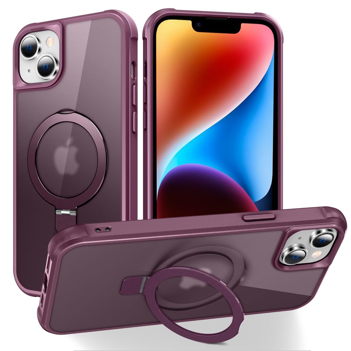 Magnetic Compatible with iPhone 13 Case with Stand [Military Grade Drop Tested][Compatible with Magnet] Ring Translucent Slim Hard Back Soft Edge, Wine Red