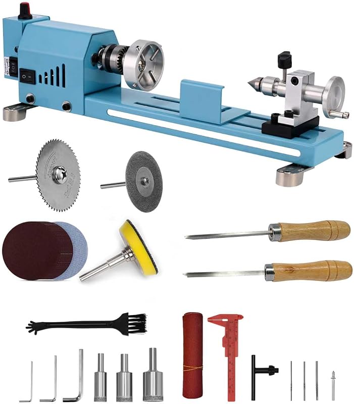 Mini Wood Lathe Machine Infinite Speed Control Multi-Purpose Type For Desktop Supports Wood Sawing, Polishing, Grinding The Professional Set Of Accessories Comes With Instructions For Easy Use