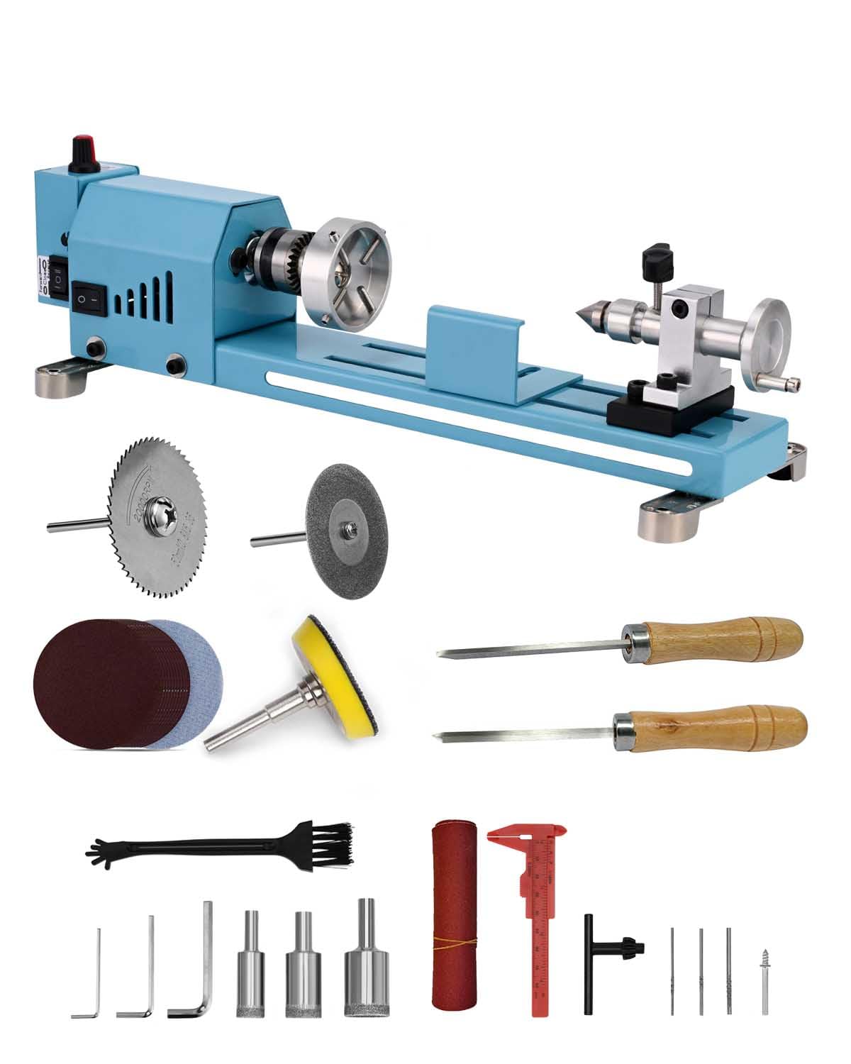 Mini Wood Lathe Machine Infinite Speed Control Multi-Purpose Type For Desktop Supports Wood Sawing, Polishing, Grinding The Professional Set Of Accessories Comes With Instructions For Easy Use