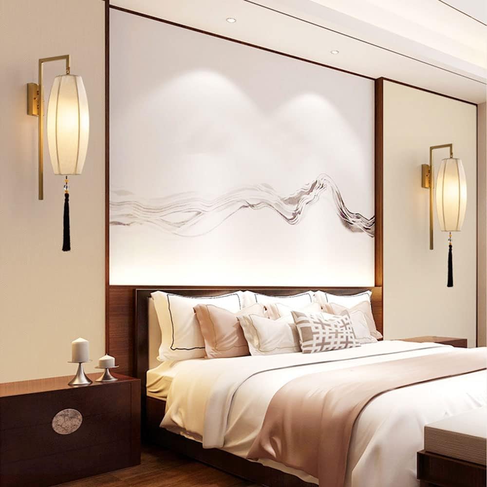 Nordic Minimalism Copper Indoor Wall Mount Light Single Chinese Farmhouse Wall Sconce with Fabric Shade Hardwire White Linen Wall Lantern Hallway Wall Lamp for Bedroom Bedside Living Room