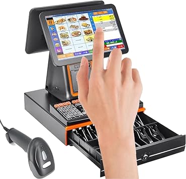 Cash Register Monitor,All-in-One Cash Register,Built-in Receipt Printer,15.6" Touch Screen,with Metal Cash Box, Keyboard, Scanner,Adjustable Angle for Retail, Restaurant,Black