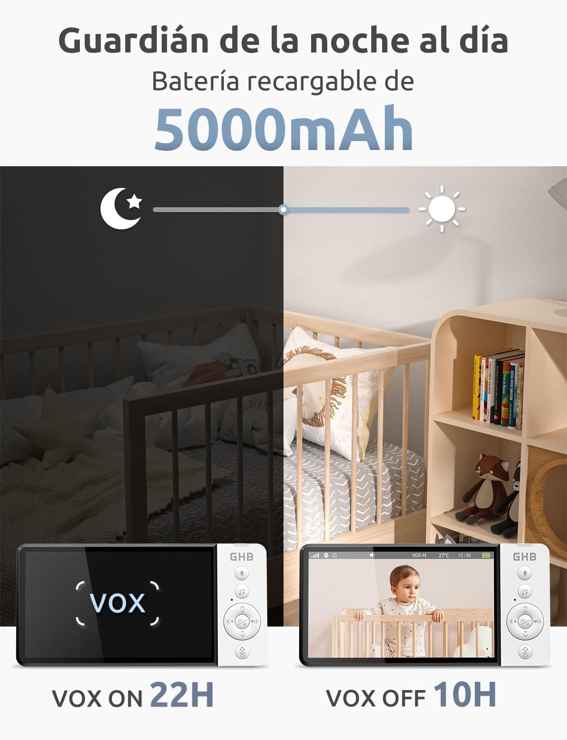 GHB Cámara de vigilancia para bebés de 5" con rotación de 350°, cámara de vigilancia para bebés con visión nocturna 720P, 2,4 GHz sin Wi-Fi, VOX, sensor de temperatura, comunicación bidireccional, 8