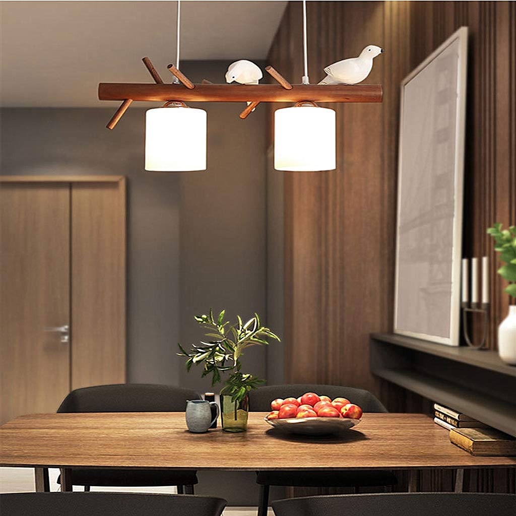 Wisząca lampa Mały ptak Wisząca lampa E27 Nowoczesny drewniany żyrandol sufitowy Prosty szklany stół jadalny Restauracja Sypialnia Oświetlenie Wysokość regulowana, 2 głowice