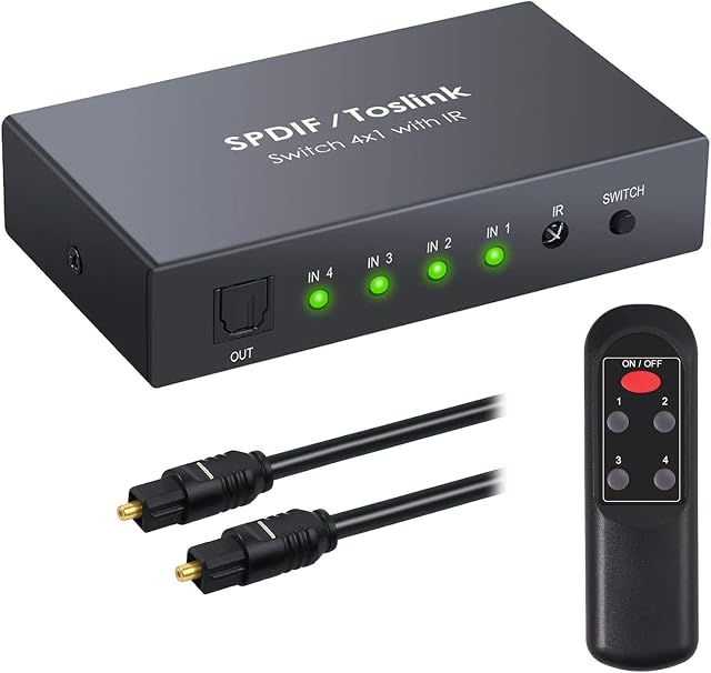 Digital Optical Audio Switcher,eSynic Professional 4X1 Optical Audio Switcher Toslink Audio Switcher Box with IR Remote Control Supports PCM2.0 DTS Dolby-AC3 Compatible with PS3 PS4 HDTV etc