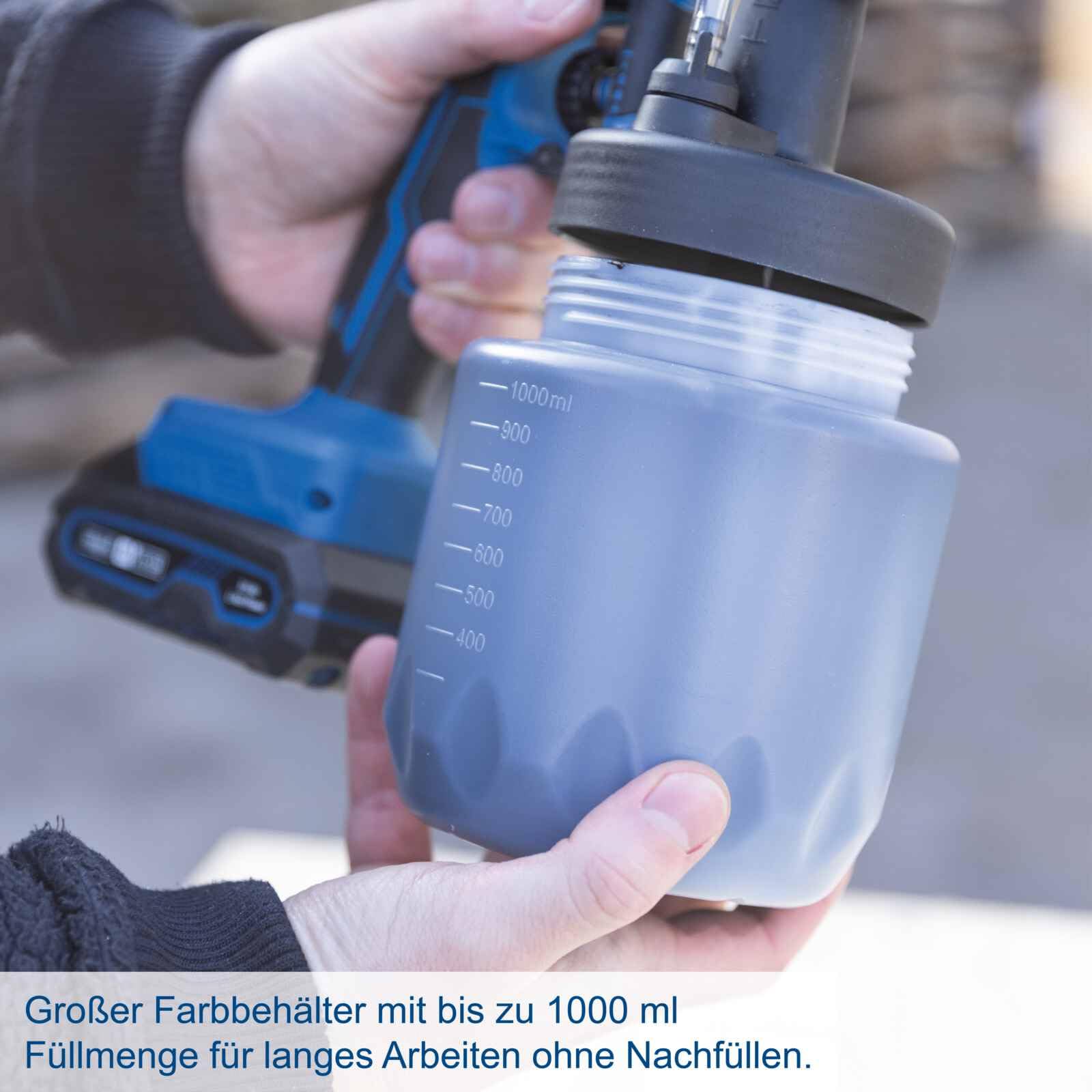 Scheppach Akku Farbsprühsystem C-APS700-X Lackierpistole 1L Farbbehälter | 120 m²/h Flächenleistung | 700 ml/min Durchflussmenge | 20V-IXES-Serie | 10 Jahre Garantie | mit 2Ah Akku & Ladegerät