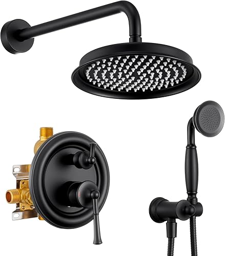 Kit de molduras de sistema de ducha, color negro mate, modo de ducha 2 en 1, válvula de presión de equilibrio rugosa incluida, cabezal de ducha