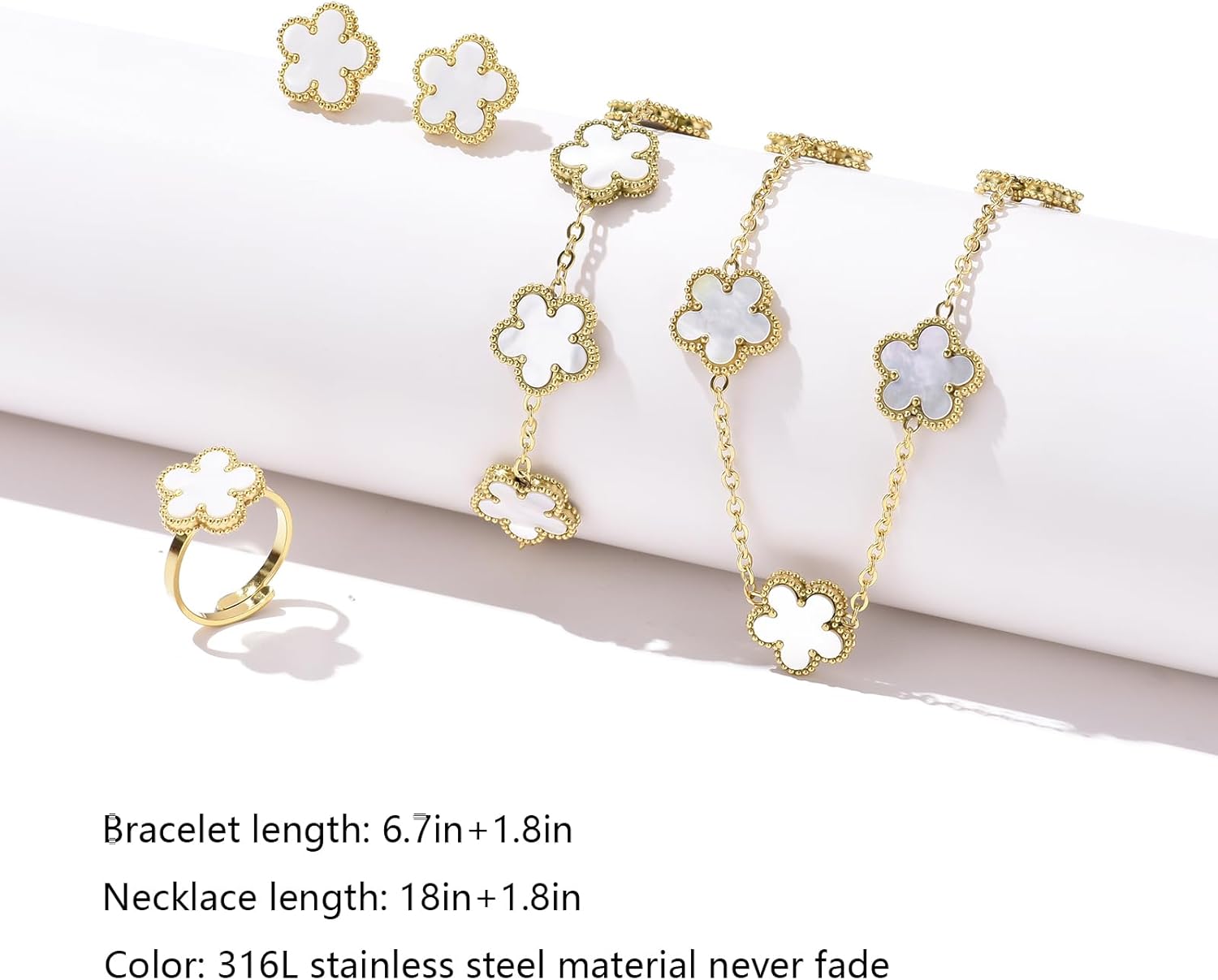 14K Gold Plated Double Sided Clover Bracelet Earring Necklace Rings Clover Sets for Women Lucky Jewelry - Image 2