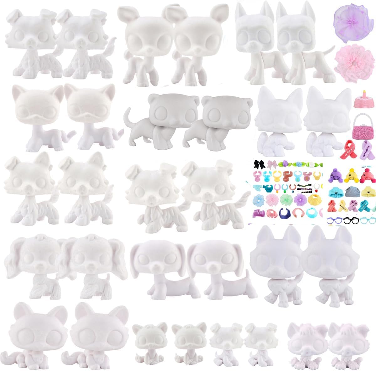 Custom Figure White Base, 30 Piece Husky Great Dane Collie Dachshund Dog Puppy Shorthair Cat Crouching Cat Kitten DIY Paint Blank Molds Compitable with LPS Fans