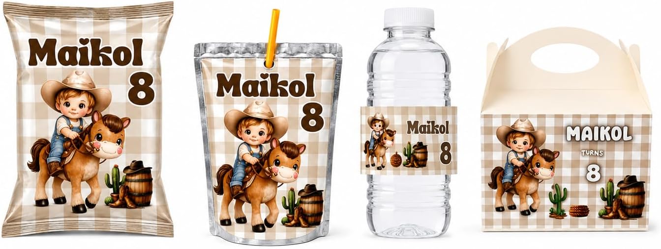 Personalized birthday party set for kids, featuring name and age; includes 6 boxes, 6 chip bags, 6 juice pouch labels, and 12 water bottle labels.
