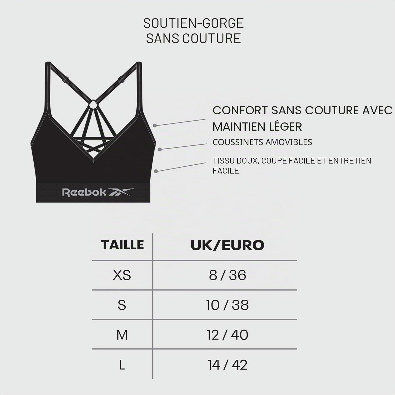 Reebok Womens Reebok Seamless Bra Maryna Grey Marl Couche de Base suprieure Femme (Lot de 1)