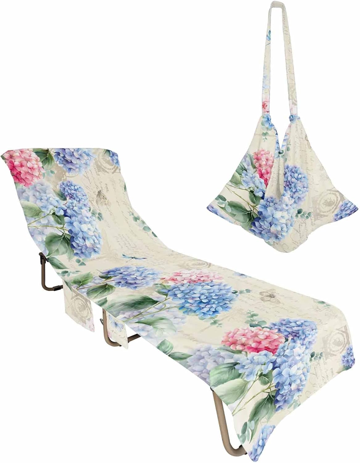 Watercolor Flower Beach Pool Patio Lounge Chaise Chair Cover Towel With Pockets,Absorbent & Quick Dry Microfiber Towel Cover Bag Summer Accessories for Sunbathing Blue Pink Florals Vintage Newspaper