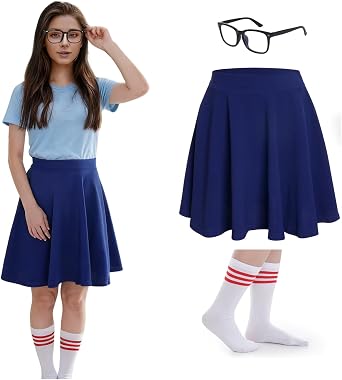 Halloween Costume Set for Women Blue Skater Skirts Nerd Glasses and Socks for Halloween Party Cosplay Supplies