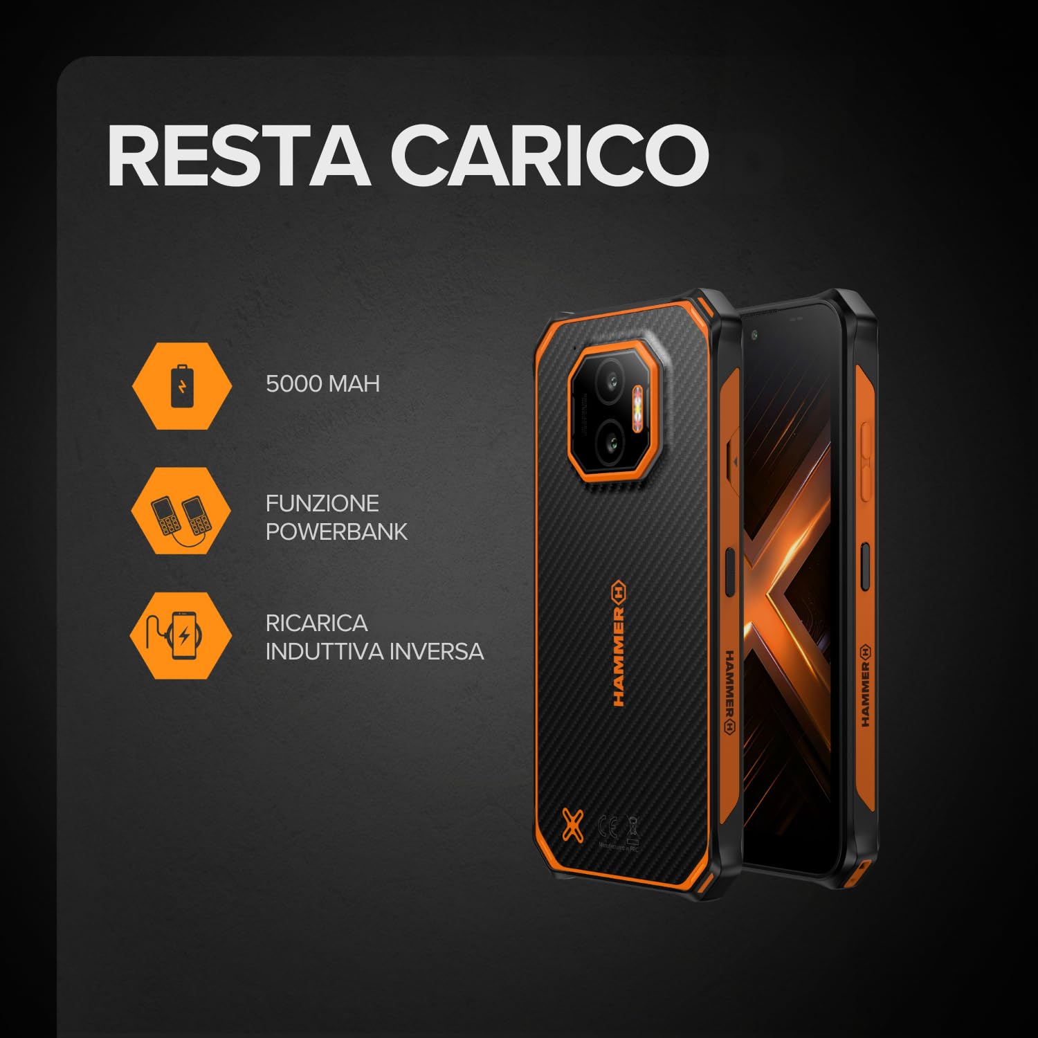 HAMMER ENERGY X2 5G Smartphone rugged Android 15, Telefono indistruttibile 6,1", IP69, 6 + 8 GB RAM, 128 GB di memoria, 5000 mAh, eSIM, garanzia 2 anni