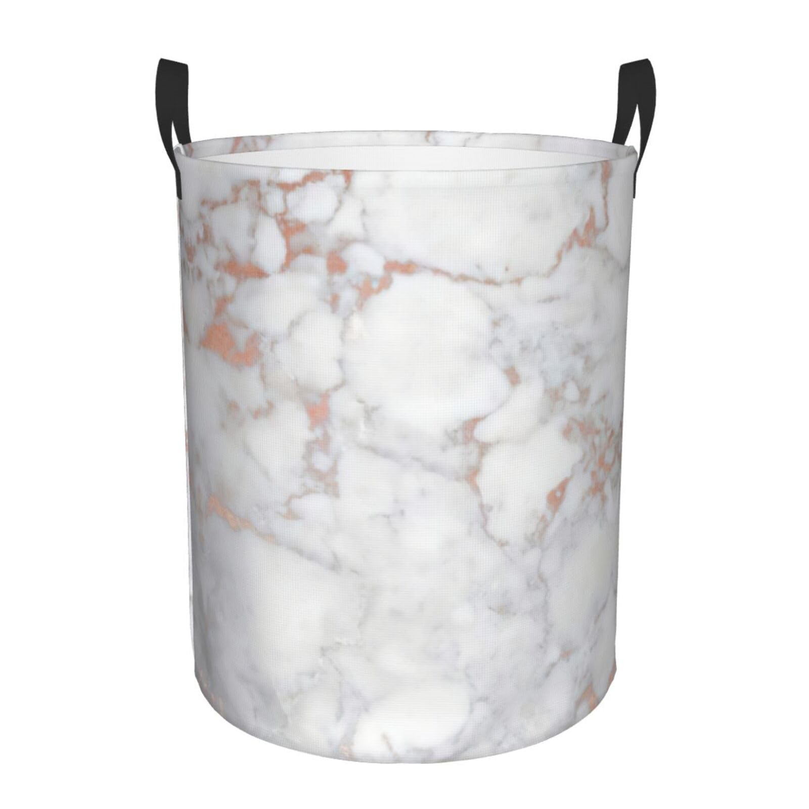 White Marble Rose Gold Print Round Storage Basket,Laundry Hamper,Clothes Storage Basket for Blankets,Bedroom Storage