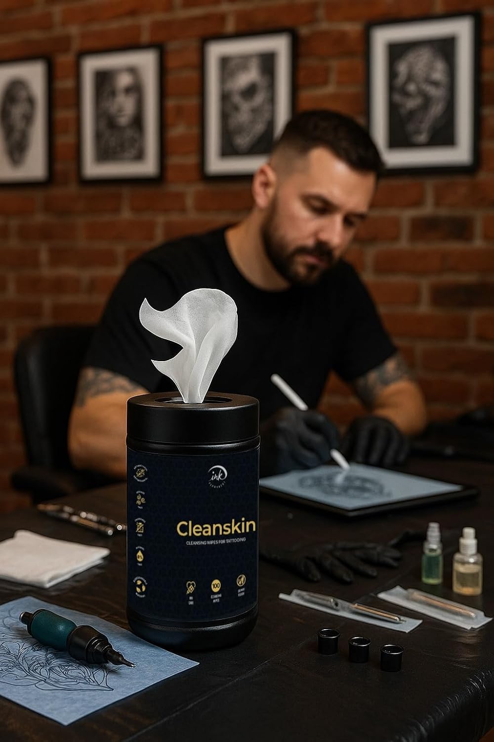 CleanSkin Green Soap Tattoo Wipes – 100 Pre-Soaked Wipes in Canister | Lint-Free, Fragrance-Free, Alcohol-Free | Tattoo Soap Alternative for Clean Skin, PMU & Piercing