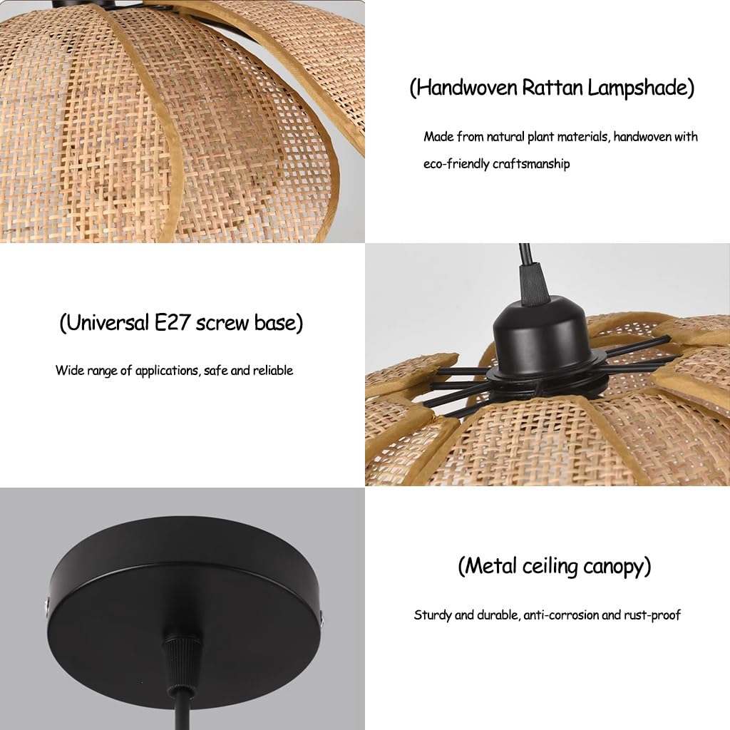 YUPIN Suspension En Rotin Bohème Lampe À Suspension Créatives À Fleurs Wabi Sabi Pour Table À Manger Lustre Suspendue Style Nordique E27 Réglable Pour Salle À Manger Îlot De Cuisine Salon(50cm)