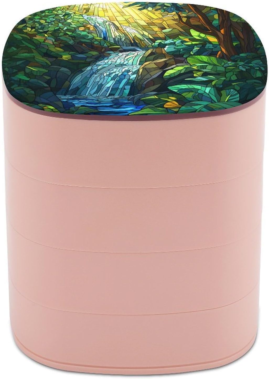 Stained Glass Waterfall Flowing through Lush Forest Jewelry Boxes for Women, Earring Holder Organizer Rotating Jewelry Organizer for Necklaces Bracelets Ring