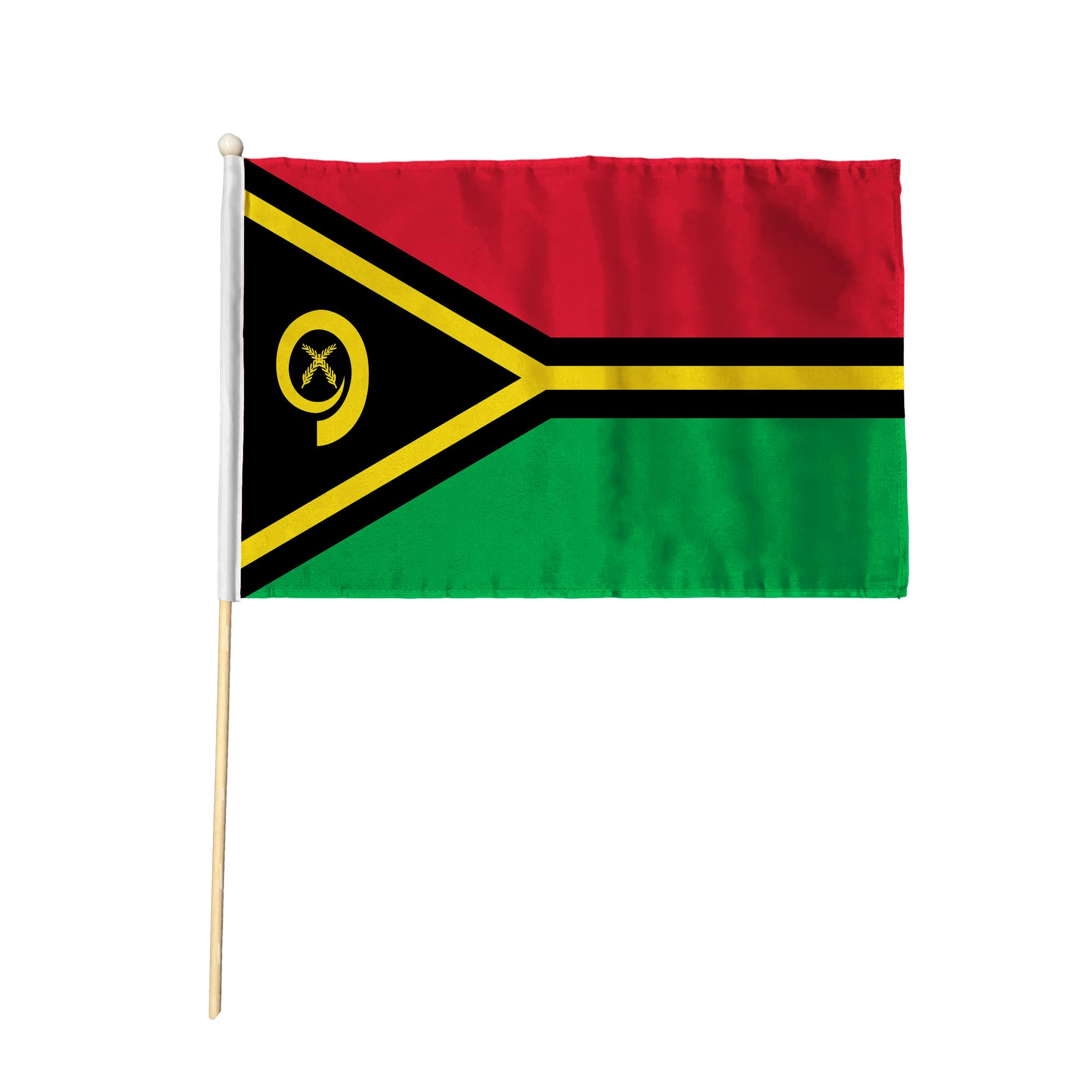Flagtex Vanuatu Pack of 12 Hand Waving Flag (18x12 Inch Large) - Premium Wooden Stick Hand Flag Big Size Natural Wood Pole Pacific Island Red Green Black Yellow Boar Tusk Flag Events