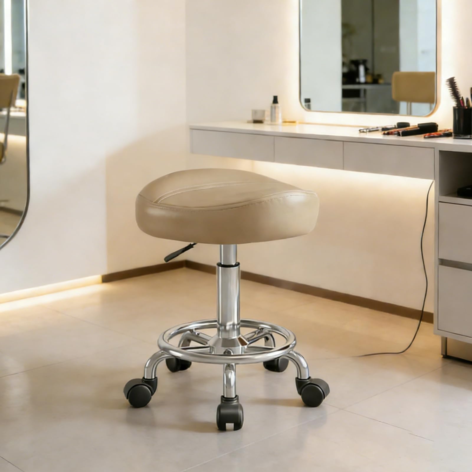 Saddle Stool, Adjustable Height Ergonomic Swivel Chair with Wheels, PU Leather Saddle Seat with Ring Pedal for Salon, Massage, Clinic, Lab, and Office,NO-Backrest,Khaki
