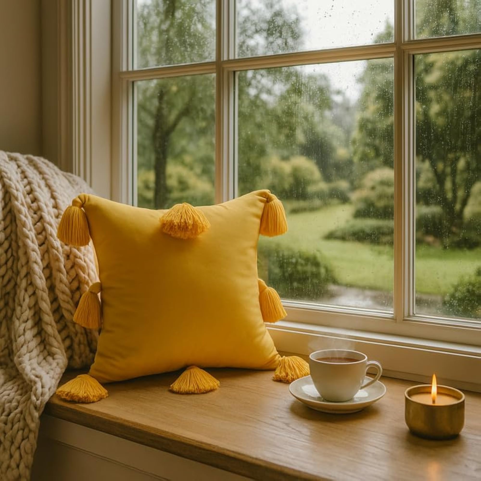 Yellow Tassel Cushion Cover, Boho Throw Pillow Cover