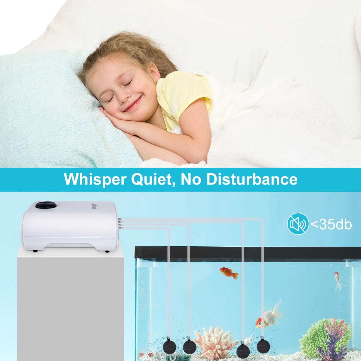 PERSUPER Aquarium Air Pump Quiet High Output Oxygen Pump Air Aerator Oxygen Pump for Fish Tank 20-600 Gallon, 4 Air Valves, 110V with Stones/Tubes,Check Valves. : Pet Supplies