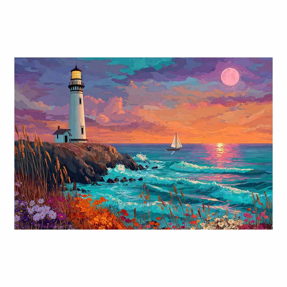 HOQIU Vintage wall art Coastsal Lighthouse Sunset decorative painting, wall art, for Living Room Bathroom Bedroom Kitchen Decoration.(Multicolor)-70x100cm Unframed