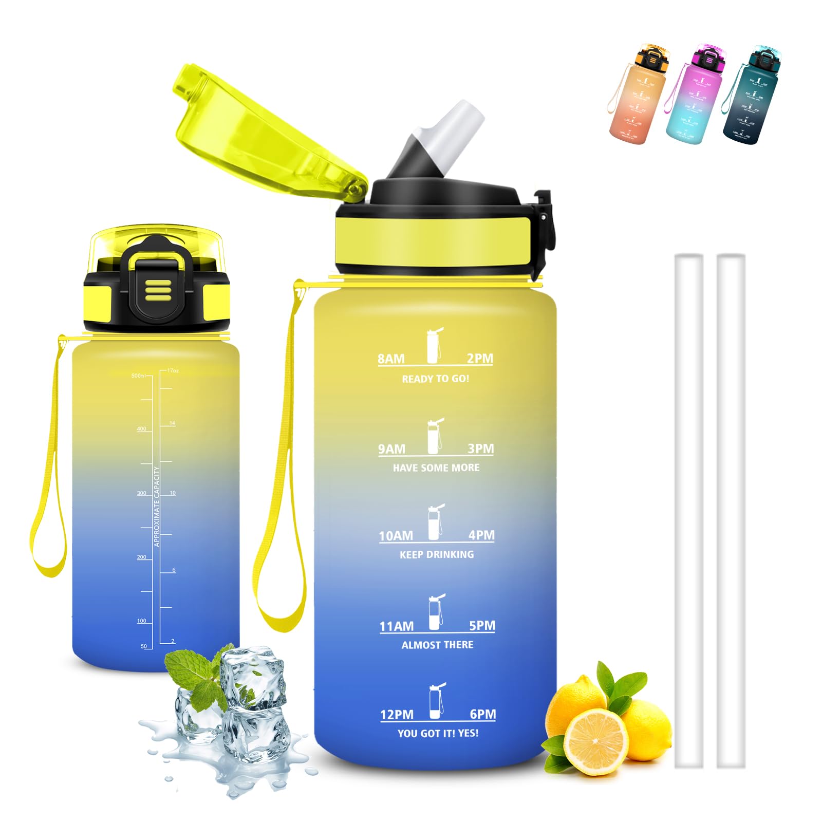Drinkfles, 500 ml Kinderdrinkfles, Drinkfles Met Rietje, Lekvrij, Drinkfles Met Tijdmarkering, Gemakkelijk Schoon Te Maken, Geschikt Voor Koolzuurhoudende Dranken, Voor School, Kamperen En Sport.