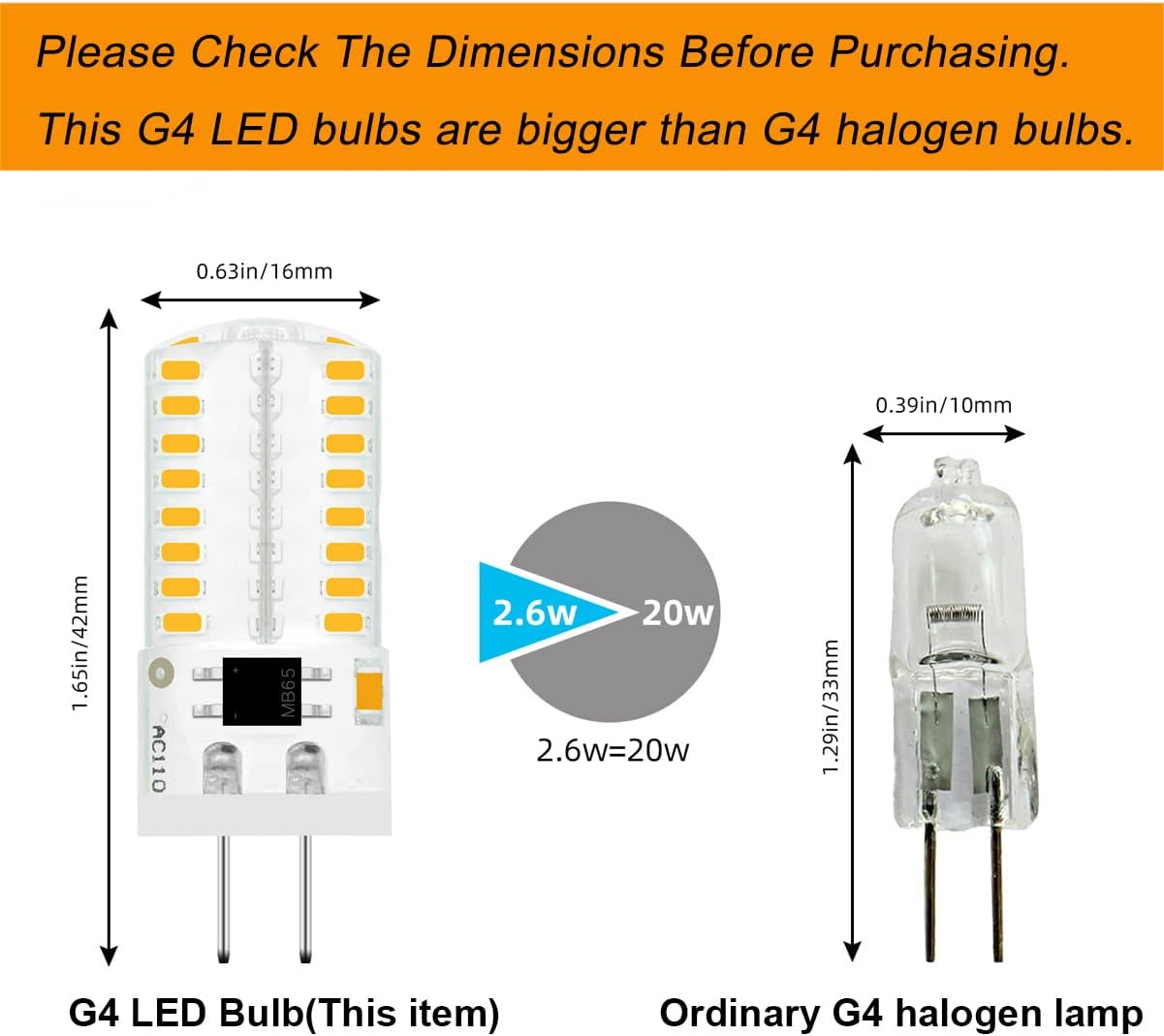 G4 LED Bulb Dimmable 110V 120V 2.6W 280 Lumens 64pcs Silicone Lamp Equivalent to 20W Halogen Bulb Replacement Warm White 2700K-3000K G4 Light Bulb Home Lighting 10 Pack
