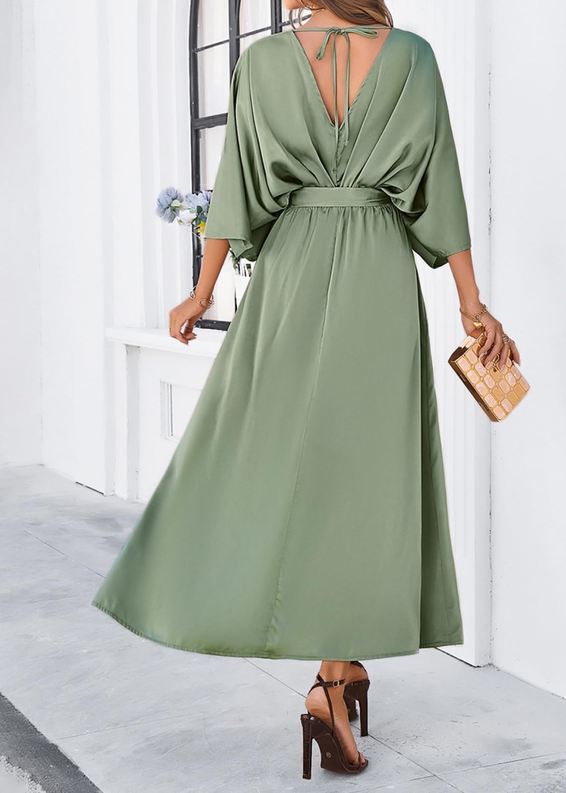 shownicer Vestiti Donna Elegante Vestiti in Raso Scollo a V Vestito con Spacco Casual Abito con Maniche 3/4 Midi Vestiti da Sera Cerimonia Cocktail
