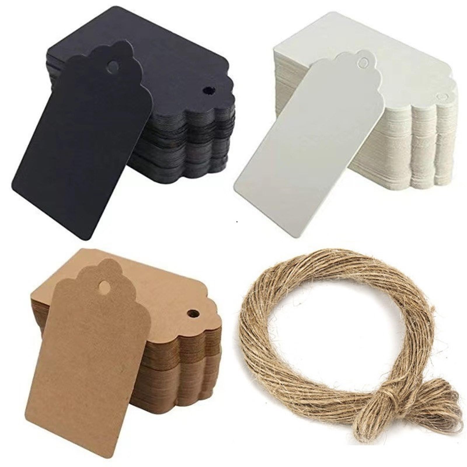 Etichette per prezzi con cordino, 500 pezzi, 5 x 3 cm, etichette per imballaggio, in carta kraft marrone, nero/bianco, per fai da te, regali di nozze, etichette decorative per prezzi da visualizzare