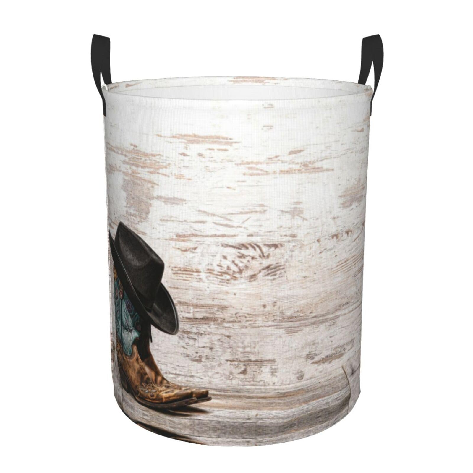 Esasam Black Cowboy Hat And Boots Print Round Laundry Basket With Handles Waterproof Laundry Hamper For Bathroom Circular Storage Basket