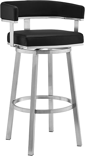 Armen Living Lorin Taburete moderno de 26 pulgadas de altura de asiento para encimera de isla de cocina en piel sintética negra y acabado de metal