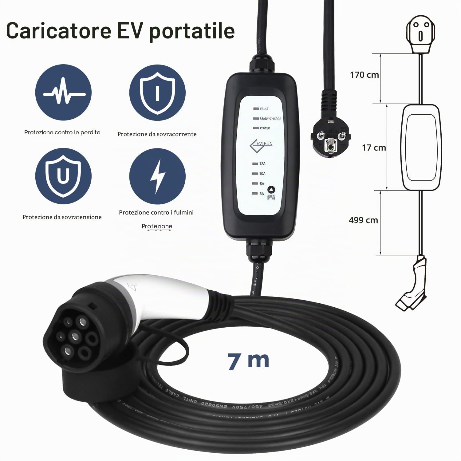 EV Cavo di Ricarica 7 Metri,EV Charger Tipo 2 Ricarica Portatile Standard Europeo con Scatola di Ricarica Commutabile 6-16A Schuko 2 Pin (Spina di Euro) 3.6KW