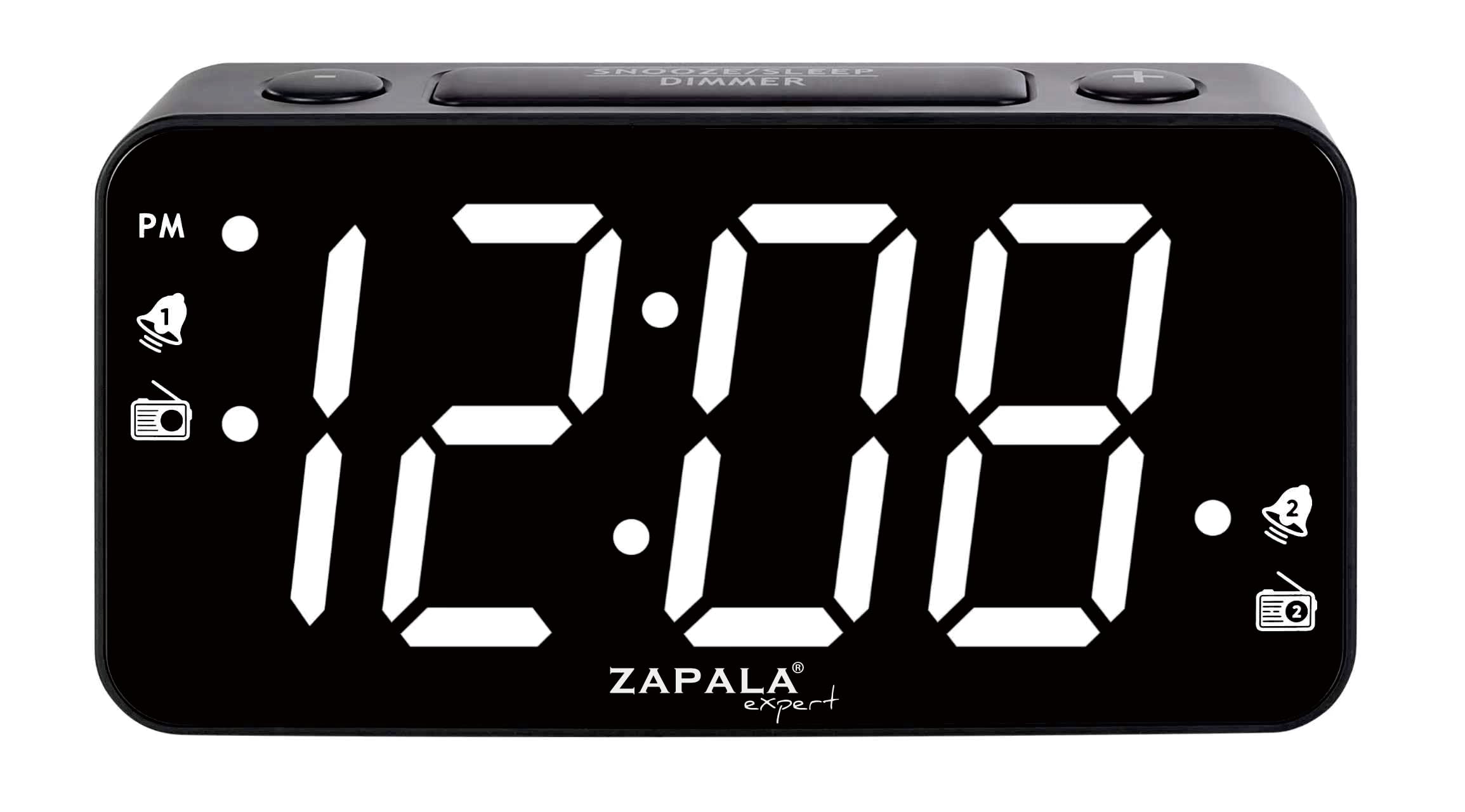 Zapala Expert White Alarm Clock Radio, 2 Alarms Jumbo Led Display Digital Fm Clock Radio With Usb Charging Port, Adjustable Volume & Dimmer, Snooze For Deep Sleepers Kids