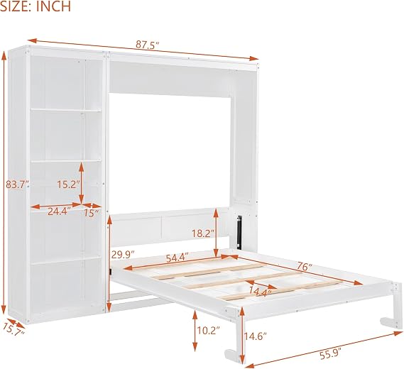 SOFTSEA Full Murphy Bed Wall Bed with Shelves Hide a Bed on a Cabinet for Guest Room Home Officce Space Saving Bedroom Furniture