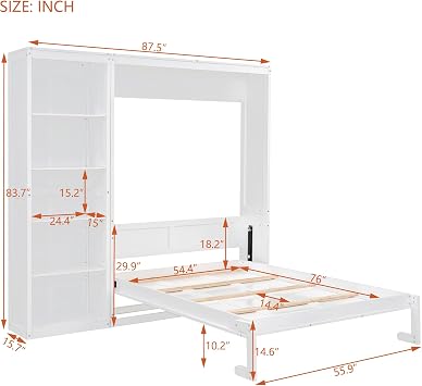 SOFTSEA Full Murphy Bed Wall Bed with Shelves Hide a Bed on a Cabinet for Guest Room Home Officce Space Saving Bedroom Furniture