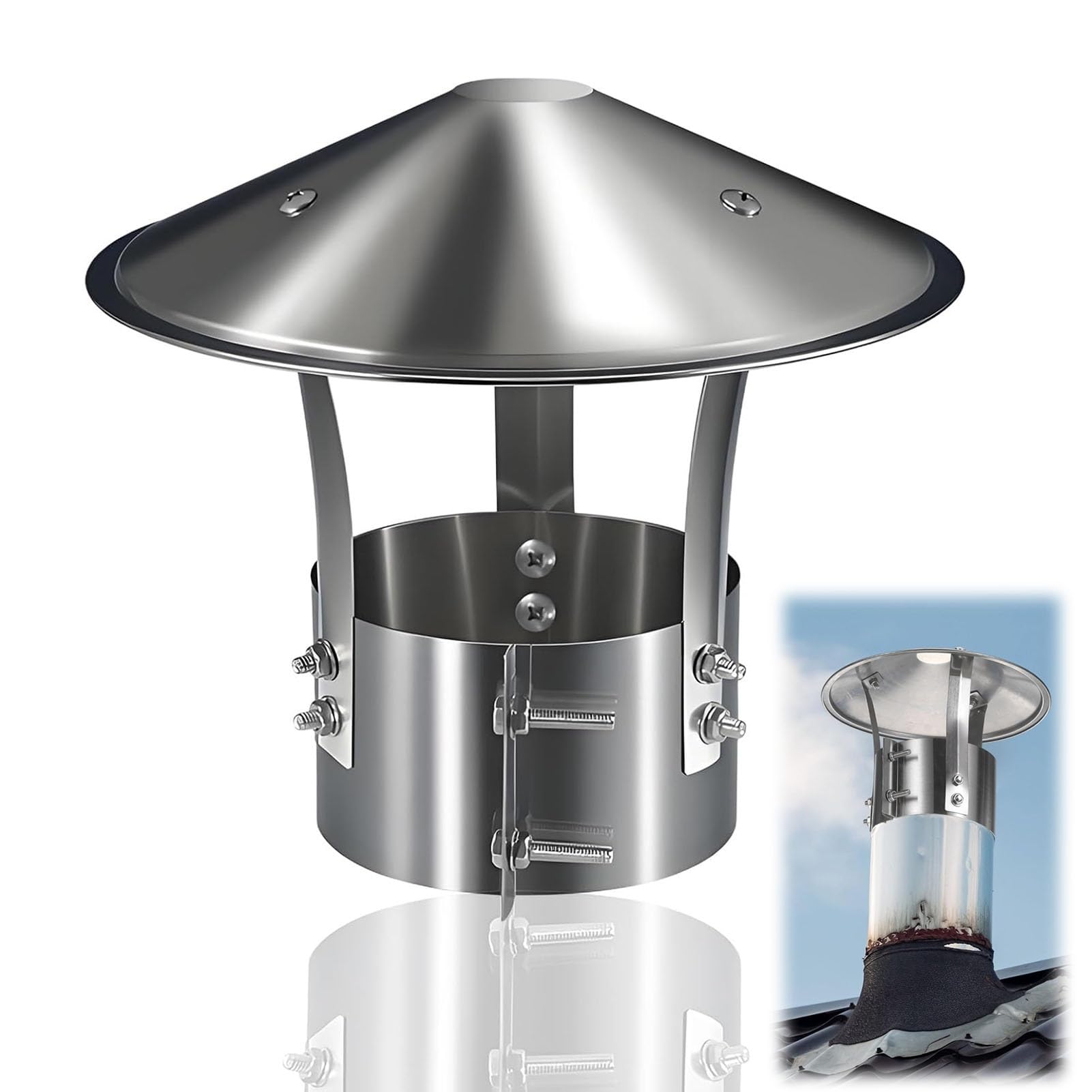 Stainless Steel Cone Top Chimney Cap, Adjustable Fireplace Flue Cover, Wood Stove Pipe Rain Cap, for Roof Exhaust Vent, Weatherproof(6.3in/160mm)