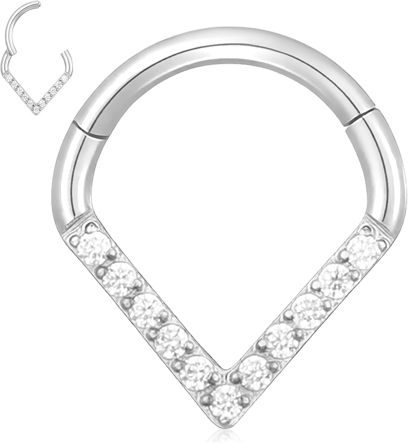 Yolev Silver Septum Ring 316L Surgical Steel Septum Nose Ring CZ Teardrop Hinged Nose Rings Hoops Seamless Clicker Rings Jewelry 10mm Helix Cartilage Conch Hoop Body Piercing Jewelry for Women