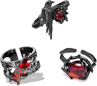 3 Pcs Gothic Rings for Men and Women, Adjustable Black Vampire Rings with Red Stone, Punk Jewellery for Gothic Fashion, It...