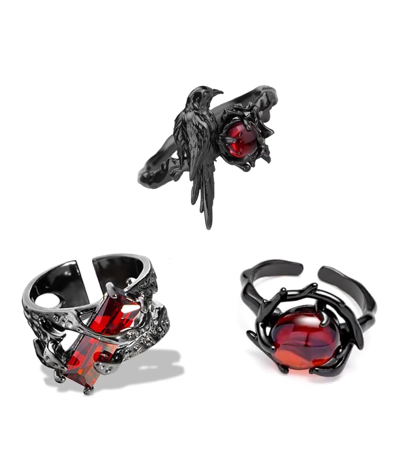 3 Pcs Gothic Rings for Men and Women, Adjustable Black Vampire Rings with Red Stone, Punk Jewellery for Gothic Fashion, It Can be Matched With Various Styles of Clothing