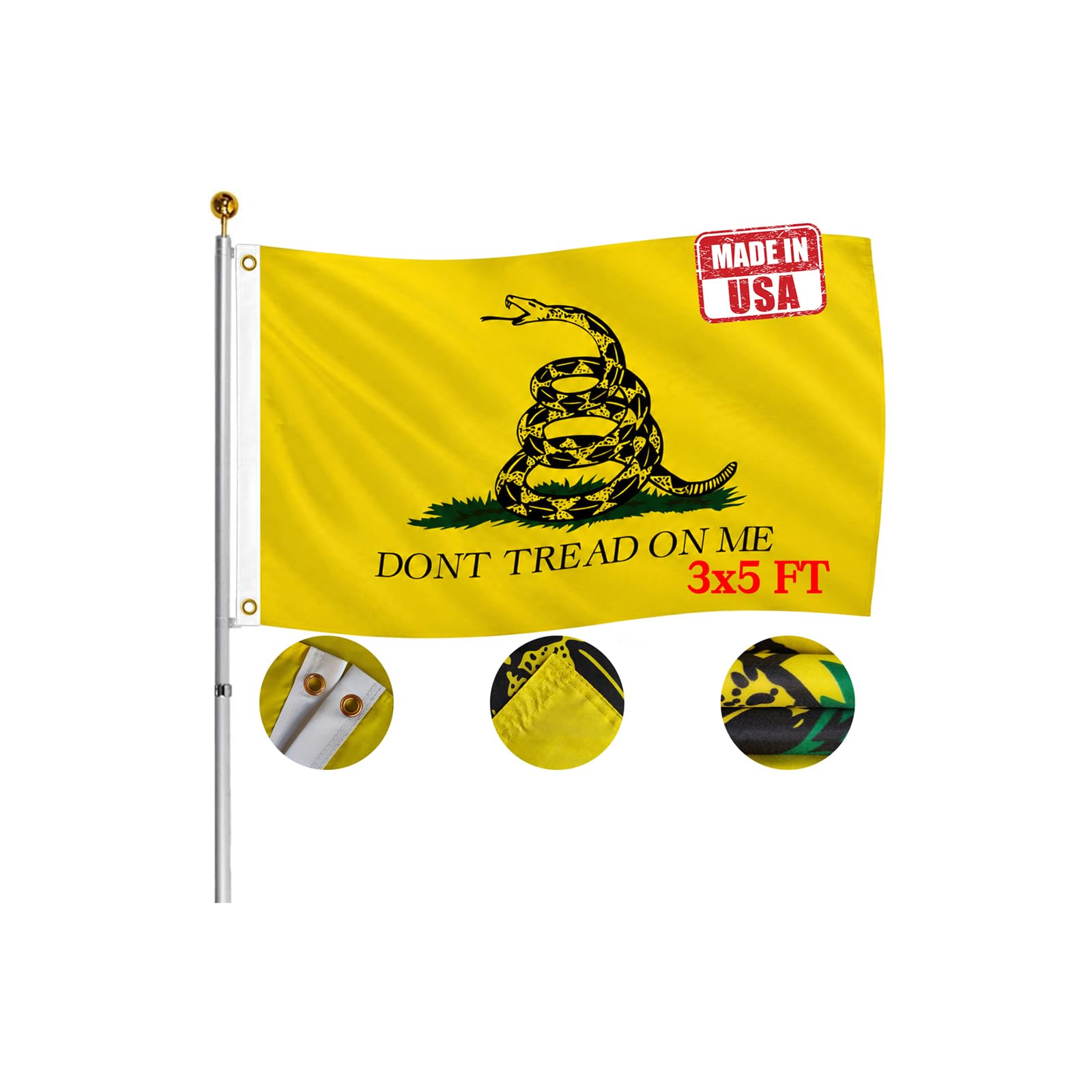 HYPOYH dwustronna flaga Gadsden 3 x 5 na zewnątrz - odporna na blaknięcie UV 3-warstwowa flaga Dont Tread On Me Flags Baner - Libertariańska flaga płócienny nagłówek z potężnym wężem