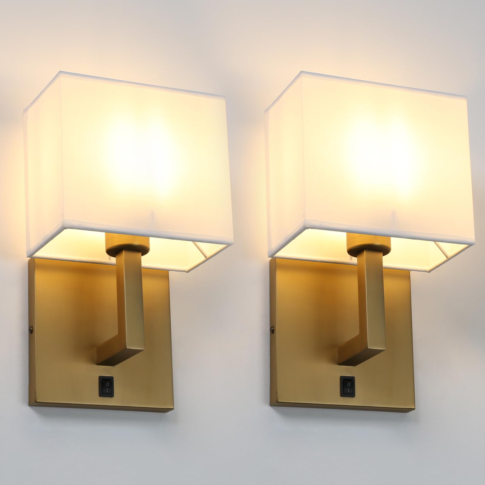 Permo Modern Wall Light Fixture Wall Sconce Set of 2 Nightstand Lamp with Square White Fabric Shade and On/Off Switch for Bedroom Bedside Reading Living Room Hotel
